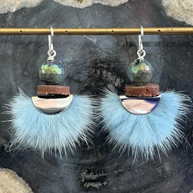 Silver Luna Ice Blue Mink Earrings with Labradorite