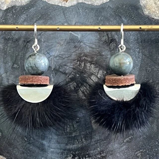 Silver Luna Black Mink Earrings with Grey Agate