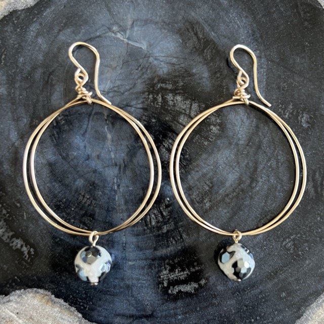 Gold Circle Earrings with Coated Black & Cream Tibetan Agate