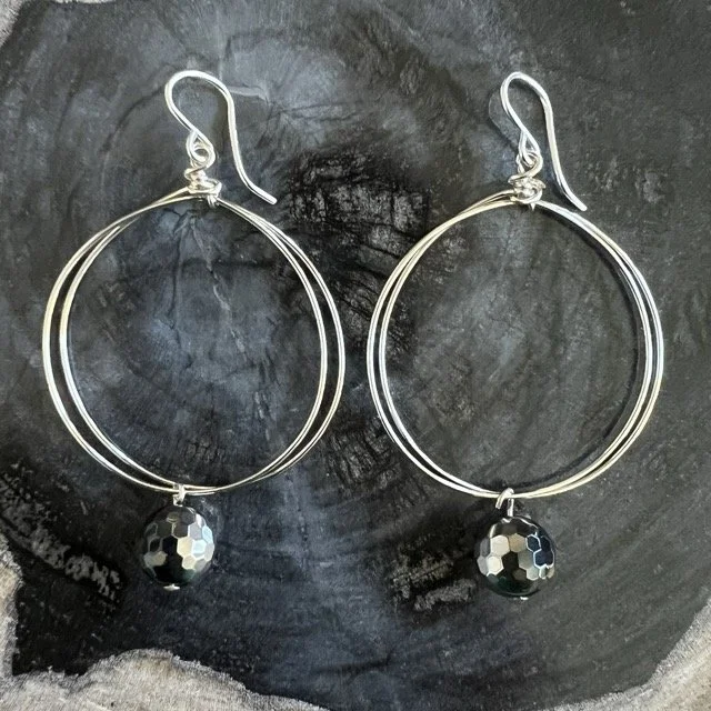 Silver Circle Earrings with Coated Silver and Black Agate
