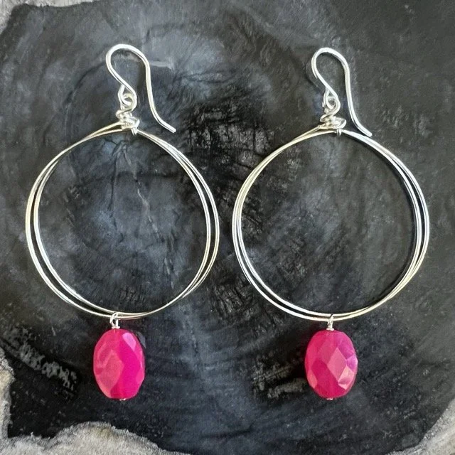 Silver Circle Earrings with Fuchsia Chalcedony
