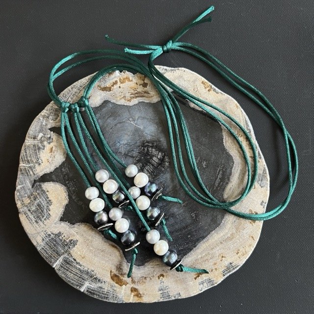Pearl Waterfall Necklace on Pine Green Silk