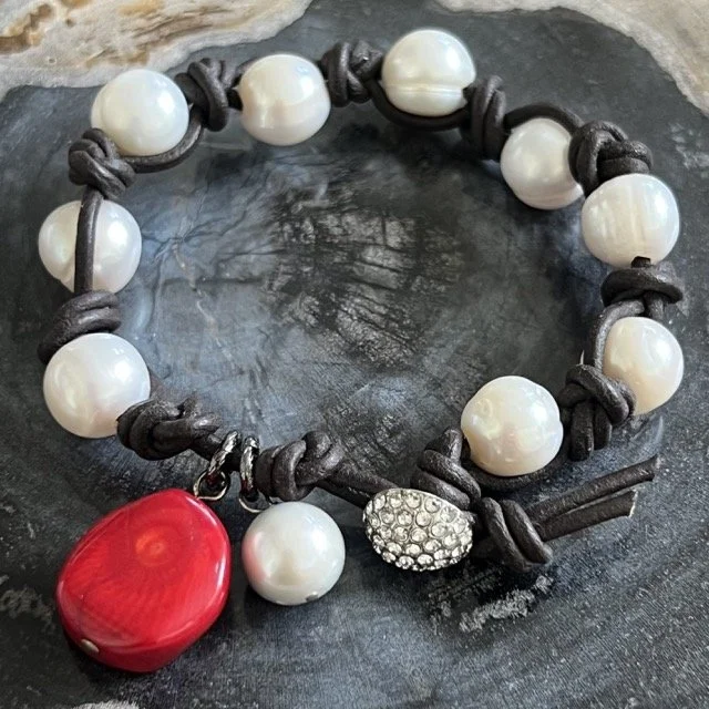 Woven Leather and White Pearl Bracelet with Red Coral