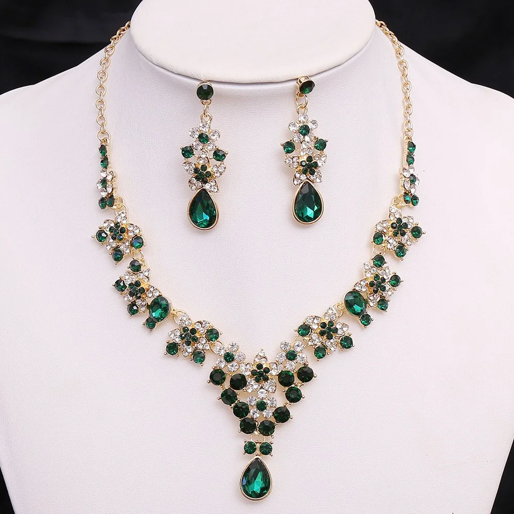 Parure de Bijoux Femme – Collier et Boucles d’Oreilles Émeraude Vert et Or | Ensemble Mariage, Soirée, Cérémonie, Cadeau Élégant
