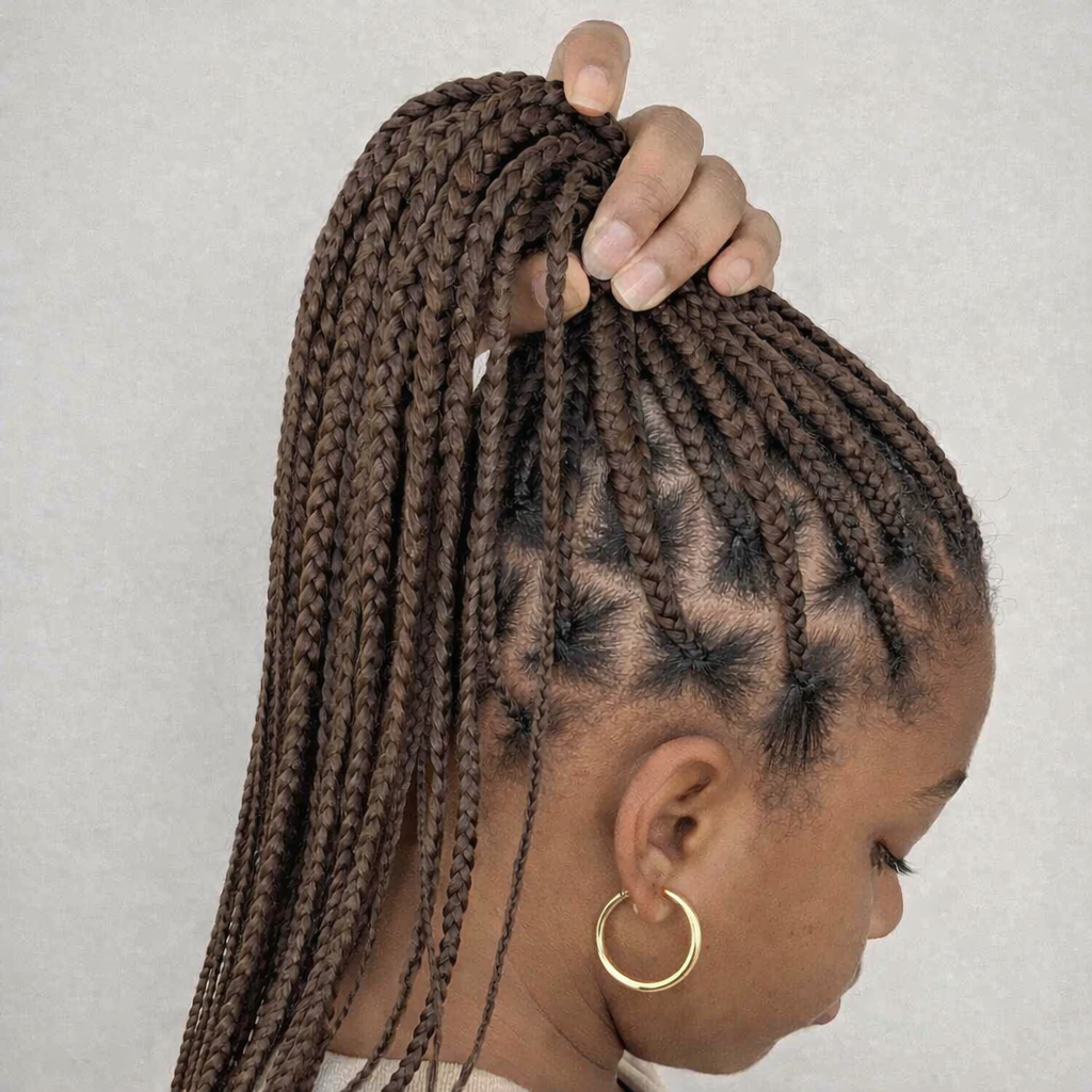Une femme avec des tresses brunes est coiffée en demi-queue, portant une boucle d'oreille en or.