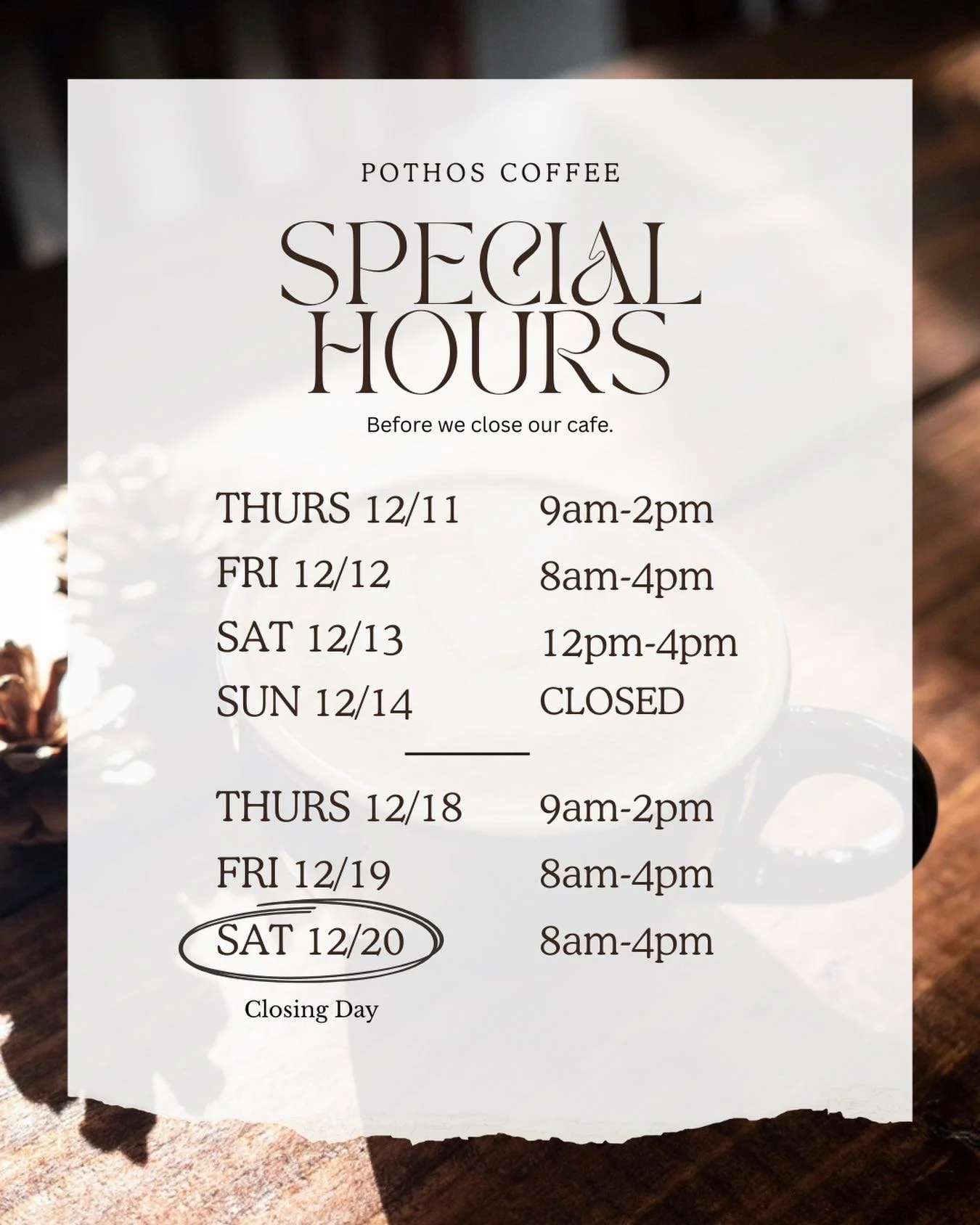 Please notice our hour changes as we head into the final stretch. 💚☕️
Come see us and enjoy our coffee one more time! Thank so much to everyone who came out to support us last weekend. We love you all!