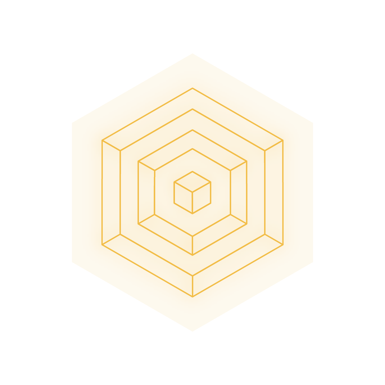 Yellow hexagon shape with black and grey circular accents surrounding it.