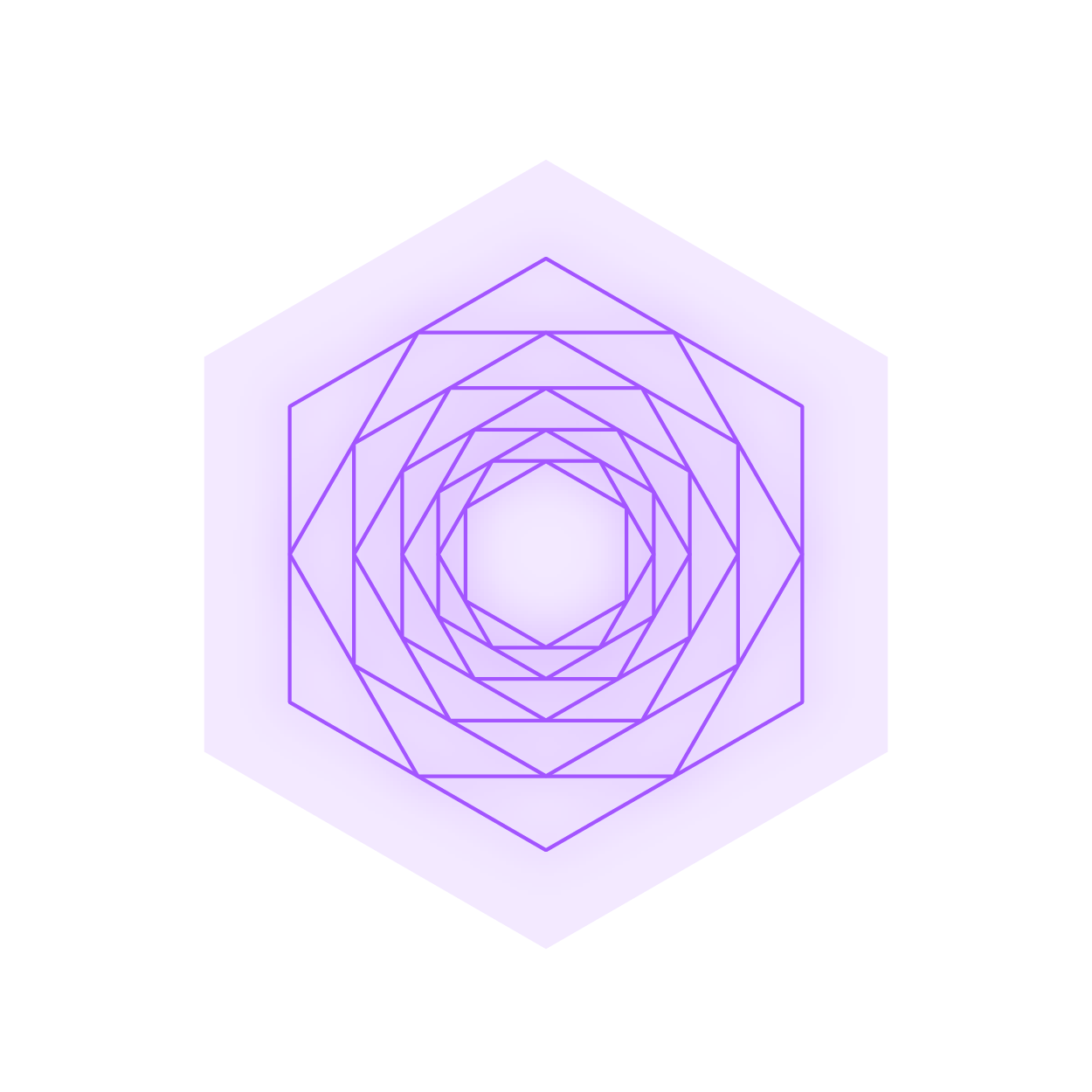 A purple, three-dimensional hexagon with a black background.