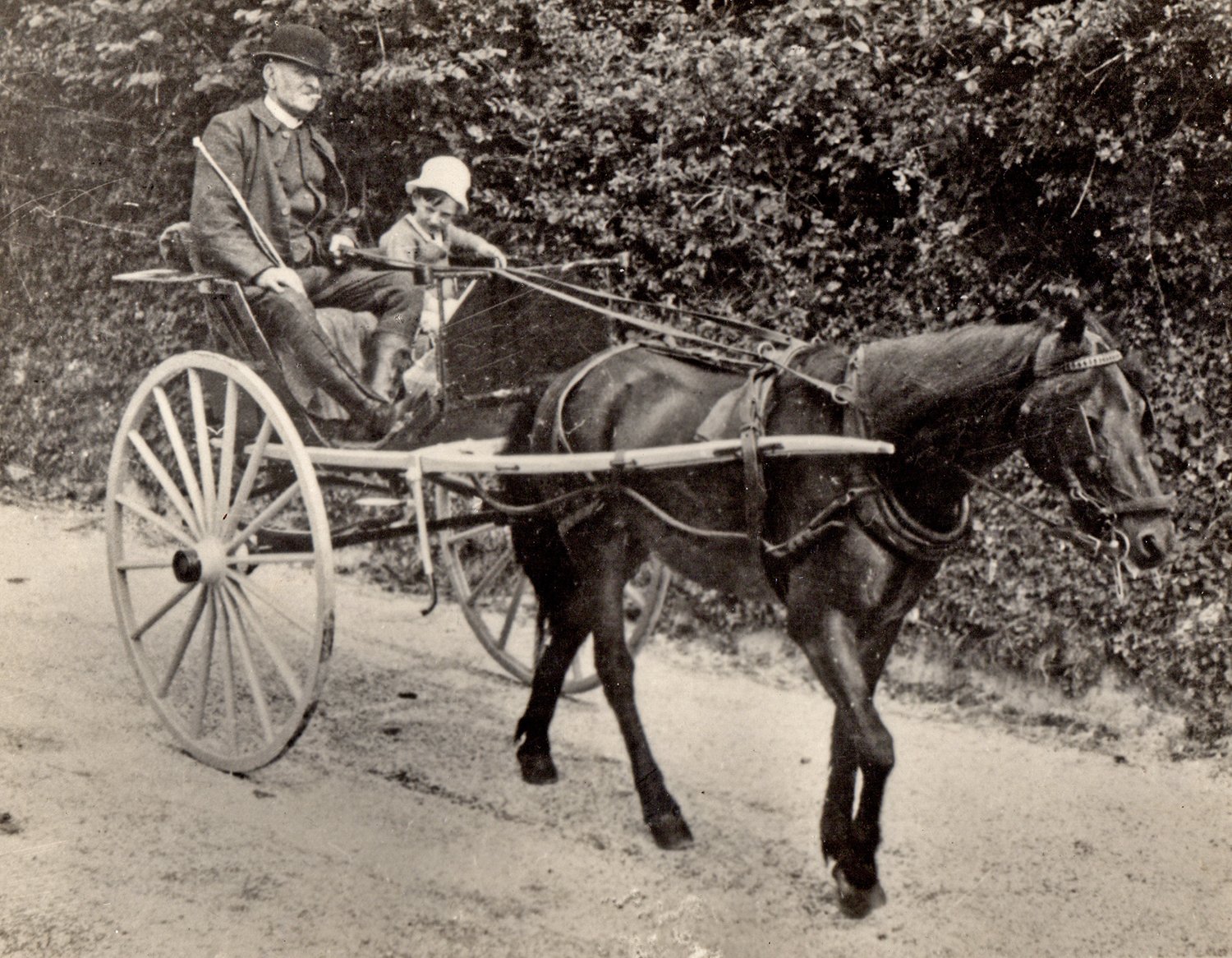 Vintage photo of a man and child in a horse-drawn carriage on a dirt road.