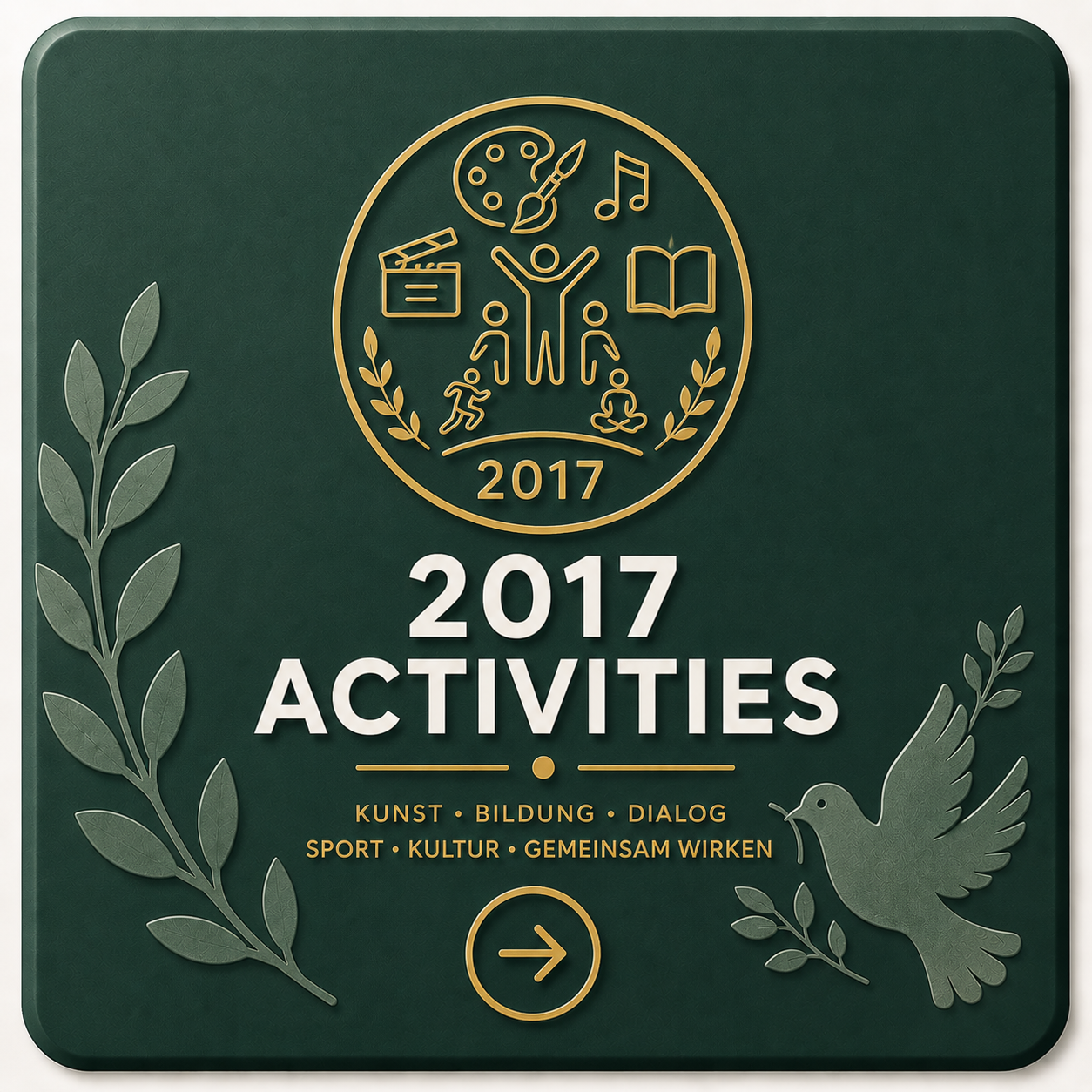 A green sign displaying the title '2017 ACTIVITIES' with symbols representing arts, music, reading, sports, and dialogue beneath. The sign features a laurel branch and a dove, with an arrow pointing right, and includes the words 'KUNST,' 'BILDUNG,' '