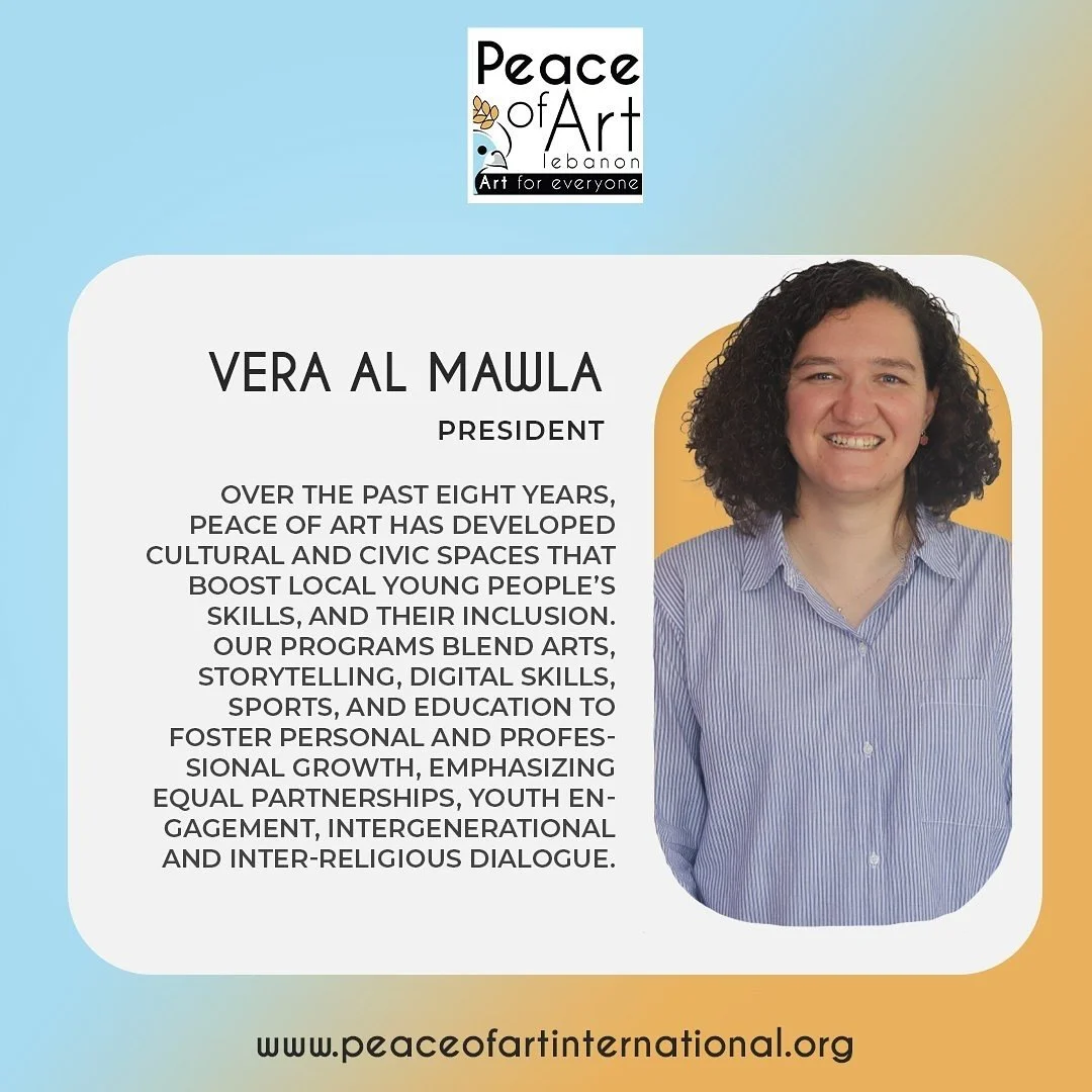 Profile card for Vera Al Mawla, President of Peace of Art Lebanon, featuring her photograph and description of her work developing cultural and civic spaces for youth skills and inclusion.