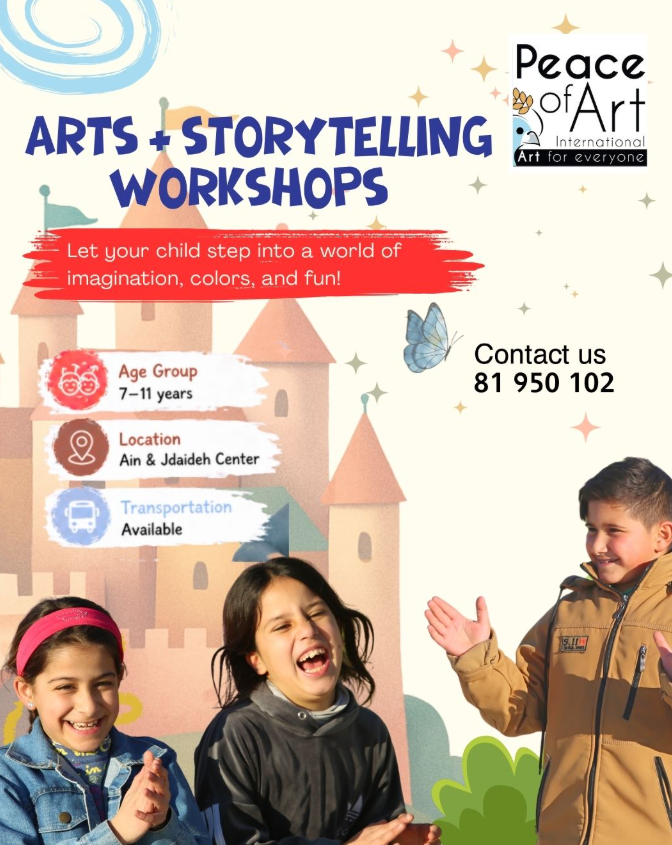 Flyer for arts and storytelling workshops with children, castle background, contact phone number, and logo for Peace of Art.