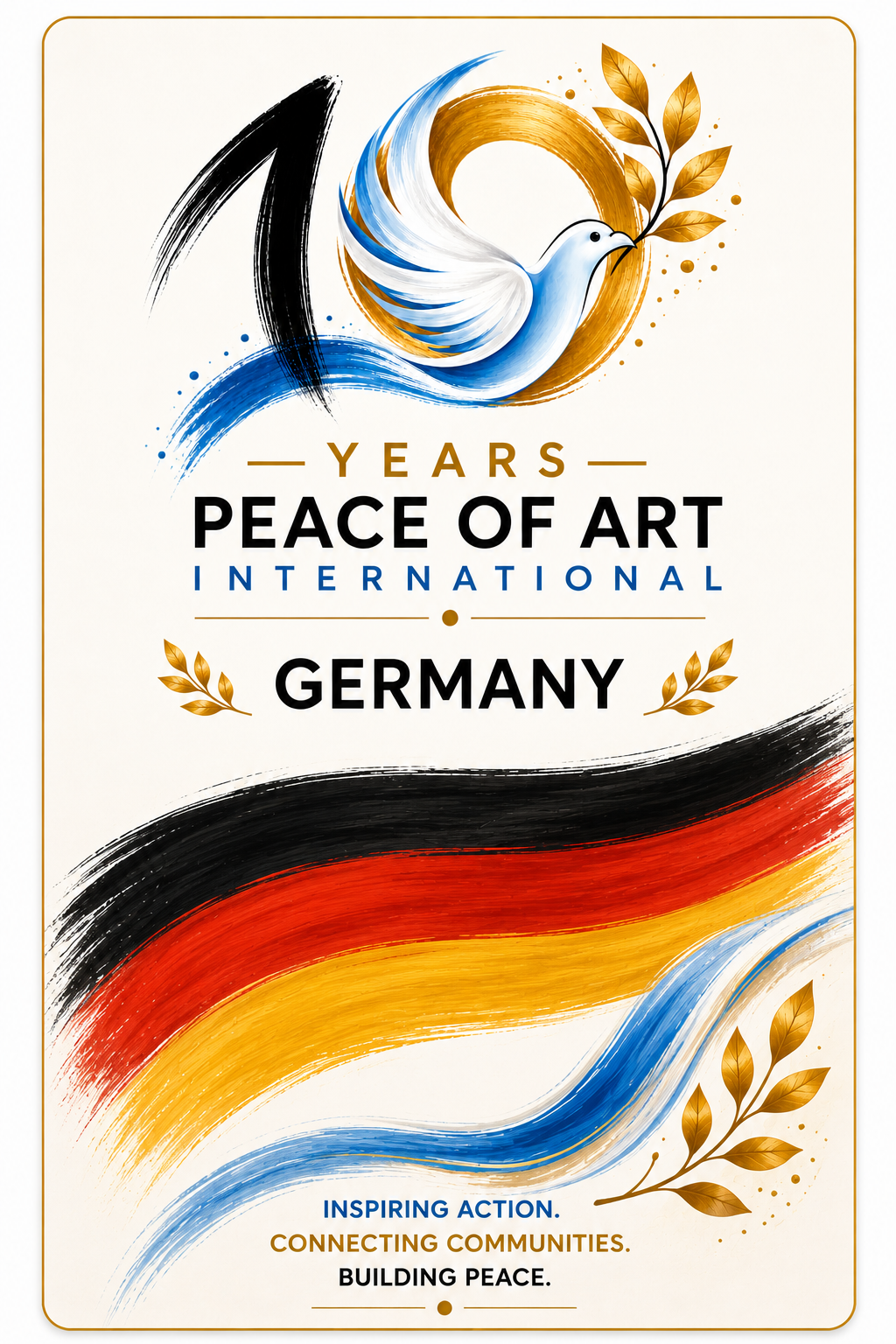 Celebrating 10 years of Peace of Art International in Germany with a dove holding olive branches, painted in German flag colors, with inspiring messages about connecting communities and building peace.