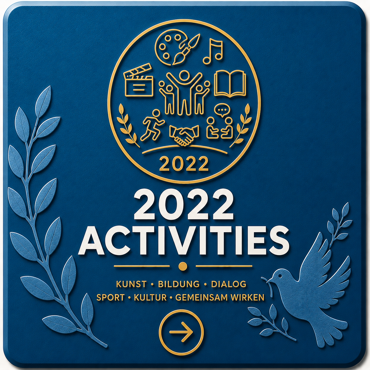 A blue poster with gold and white text and icons promoting activities for 2022, including art, music, film, reading, sports, and dialogue, decorated with laurel branches and a dove, with a right arrow at the bottom.