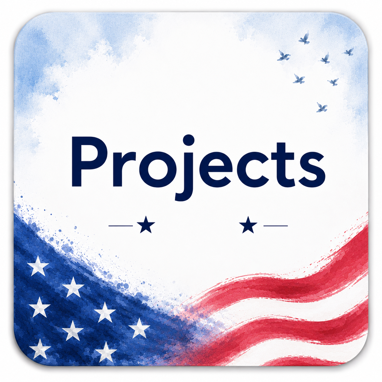 Design with the word 'Projects' in bold text, featuring red, white, and blue colors, stars, and flying birds, suggestive of a patriotic or American theme.
