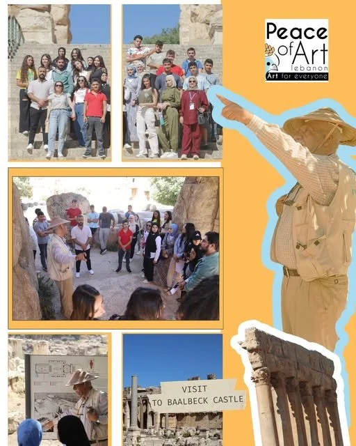 A collage of photos featuring a group tour at historical sites in Lebanon. Top left shows people posing on ancient ruins. Top right shows a guide pointing, with a logo reading 'Peace of Art Lebanon' and 'Art for everyone.' Middle left shows the tour 