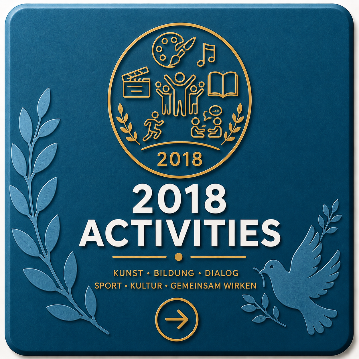 Blue sign with gold and white text that reads "2018 Activities" and includes icons representing art, music, film, reading, sports, children, dialogue, and culture. Decorative leaf and bird illustrations frame the text.