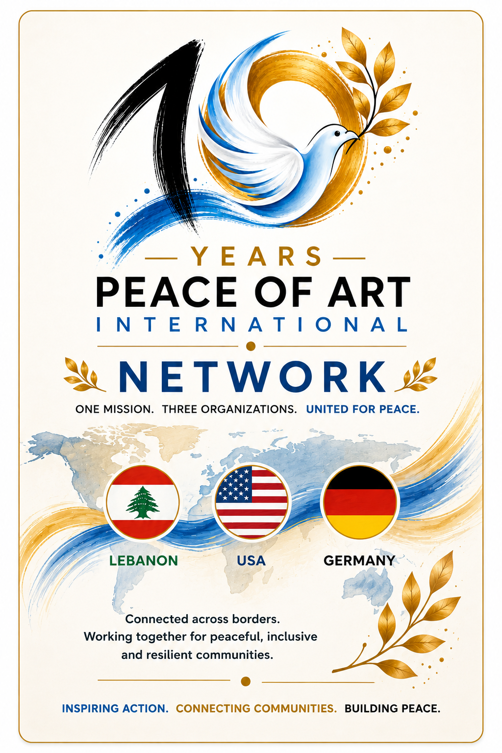 A poster celebrating 10 years of the Peace of Art International Network, featuring a dove holding an olive branch, a world map, and flags of Lebanon, the USA, and Germany, with text emphasizing peace, unity, and community.