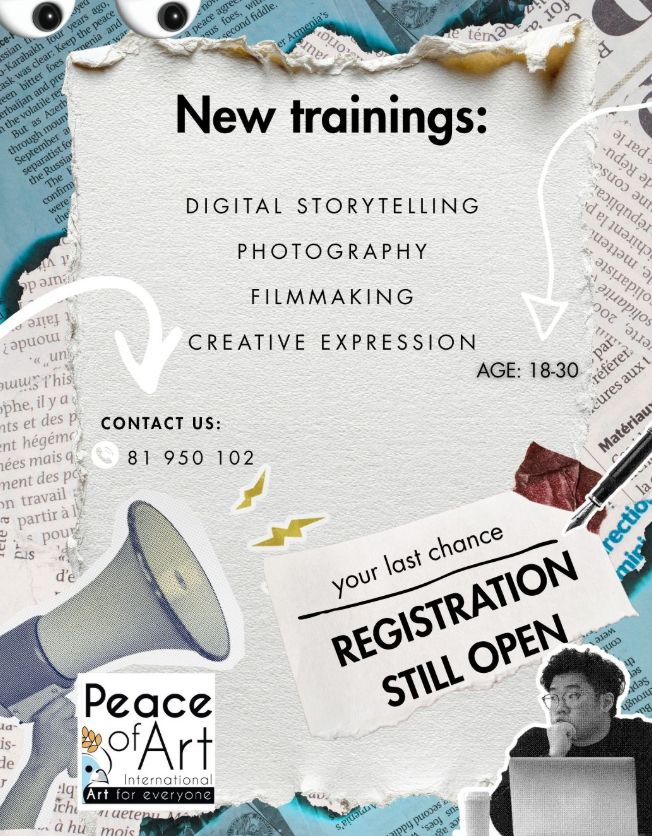 Announcement poster for new training programs including digital storytelling, photography, filmmaking, and creative expression for ages 18-30, with contact information and registration update; collage of newspapers, a megaphone, and a person using a laptop.