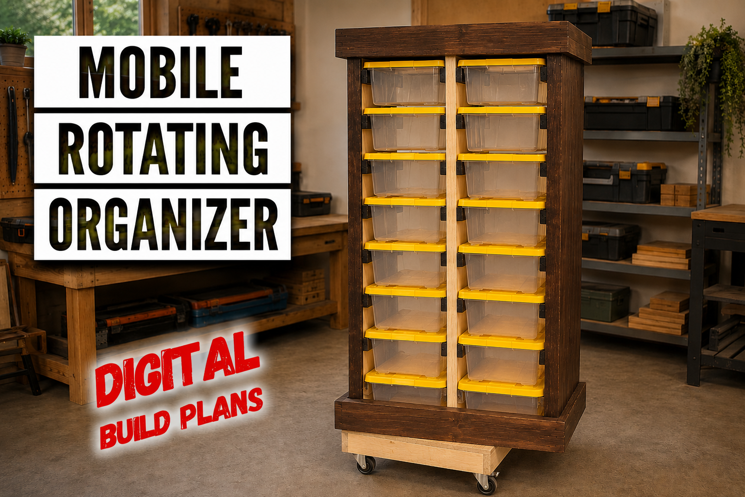 Mobile Rotating Organizer Digital Build Plans, Tote Storage Mobile Storage Cart Digital Plans