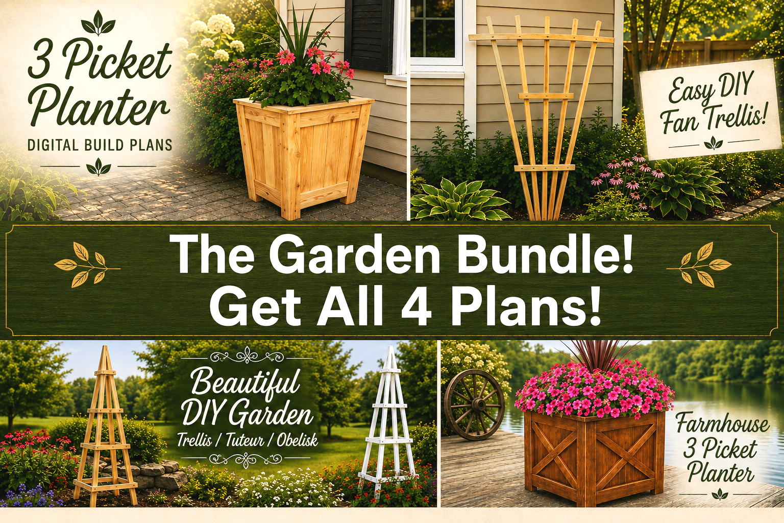 Garden Fan Trellis plan, Obelisk and Both Planter Box Plans Bundle