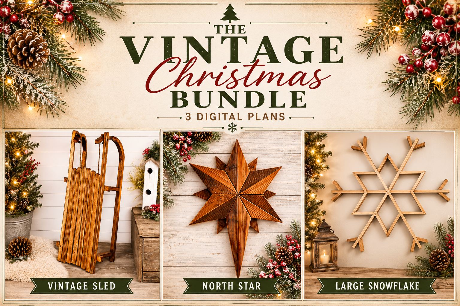 The Vintage Christmas Bundle Plans- The Vintage Sled Plan, The Northstar Plan, and the Large Snowflake Plan
