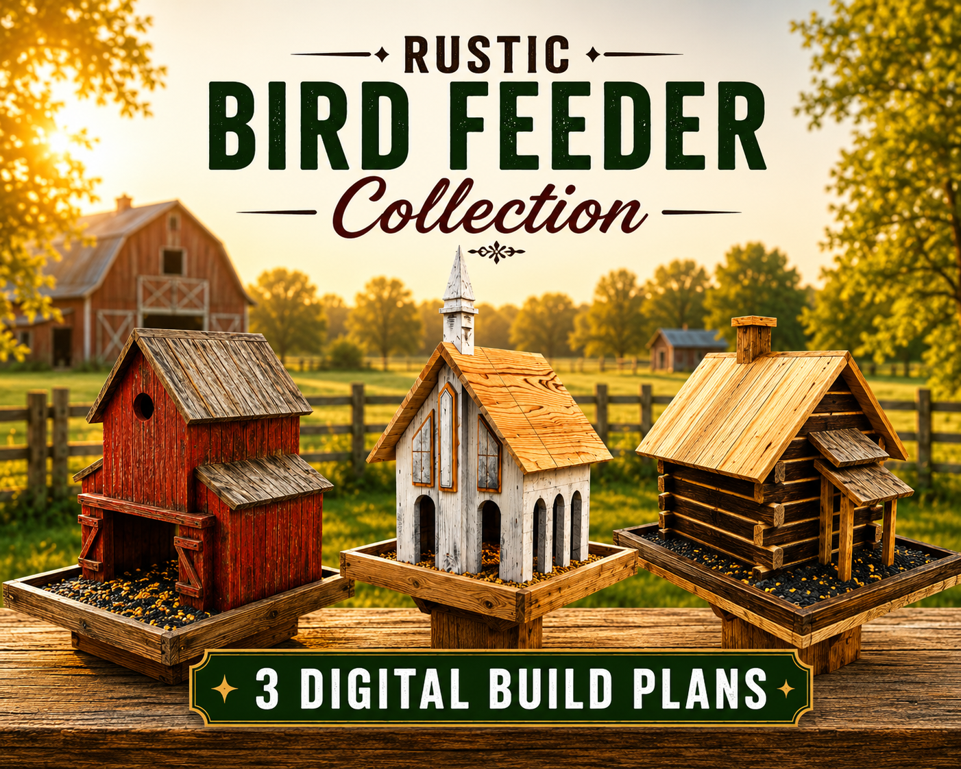The Rustic Bird Feeder Collection Digital Plans-All 3 Digital Plans in one Bundle- The Bird Church, The Bird Cabin, and The Bird Barn