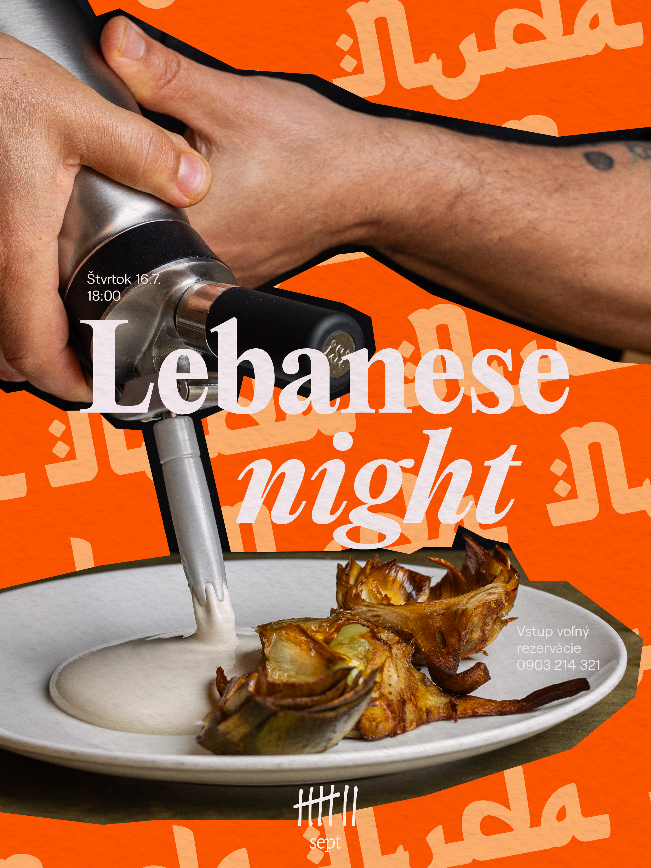 A hand holding a kitchen torch flames over a plate of roasted vegetables, including eggplant slices, on an orange background with text in Slovak promoting an event or reservation.
