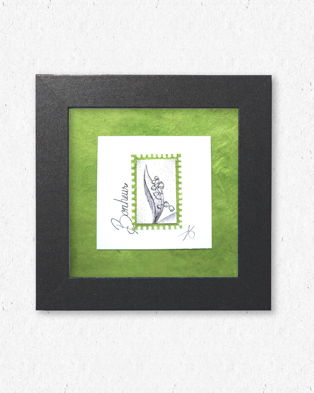 Timbre Floral Pointillisme - Bonheur - Muguet - Feutre Noir 10x10 cm