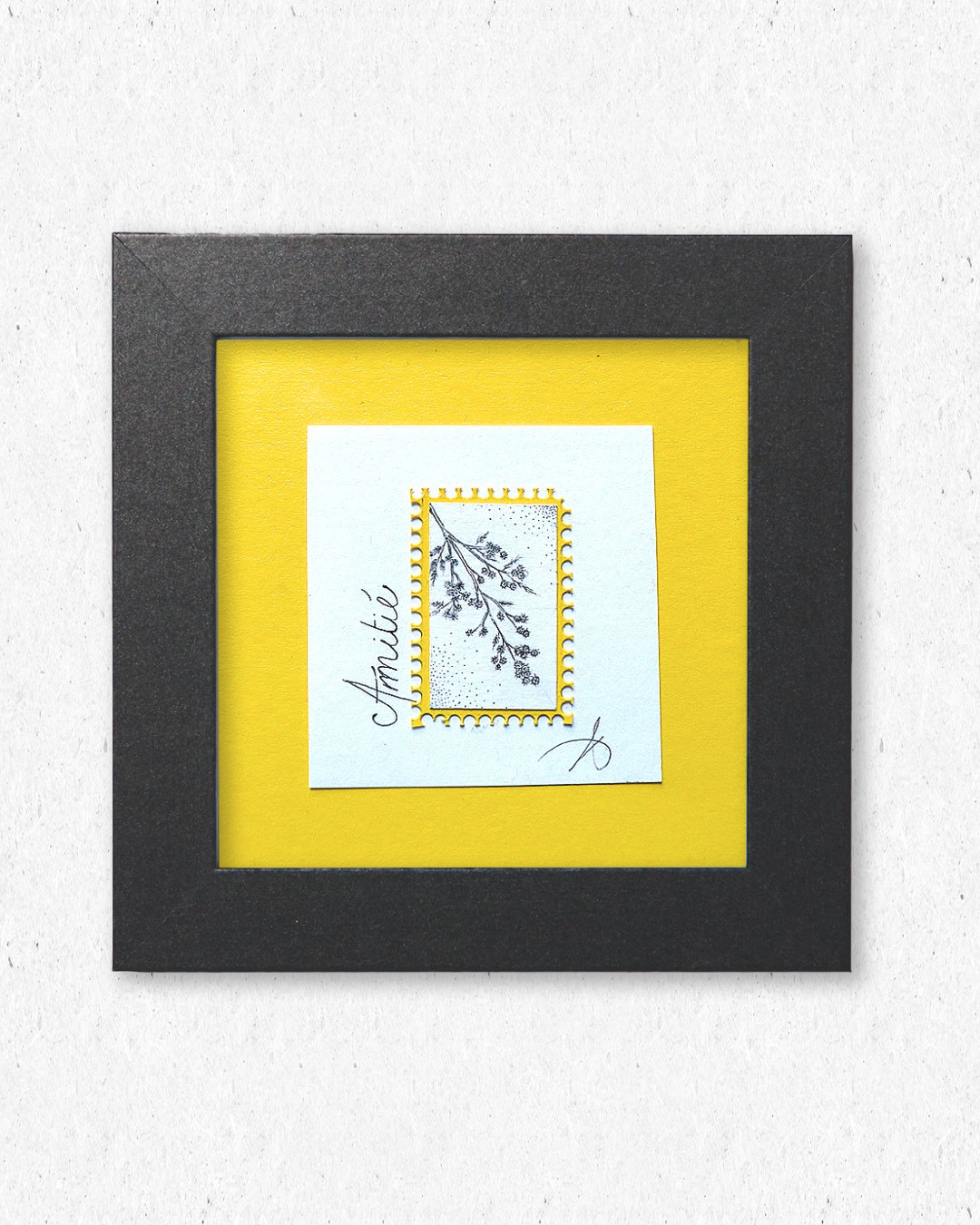 Timbre Floral Pointillisme - Amitié - Mimosa - Feutre Noir 10x10 cm