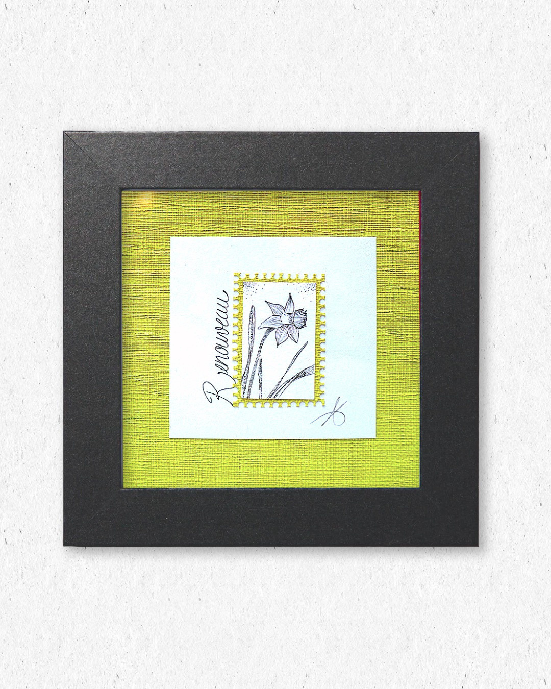 Timbre Floral Pointillisme - Renouveau - Jonquille - Feutre Noir 10x10 cm