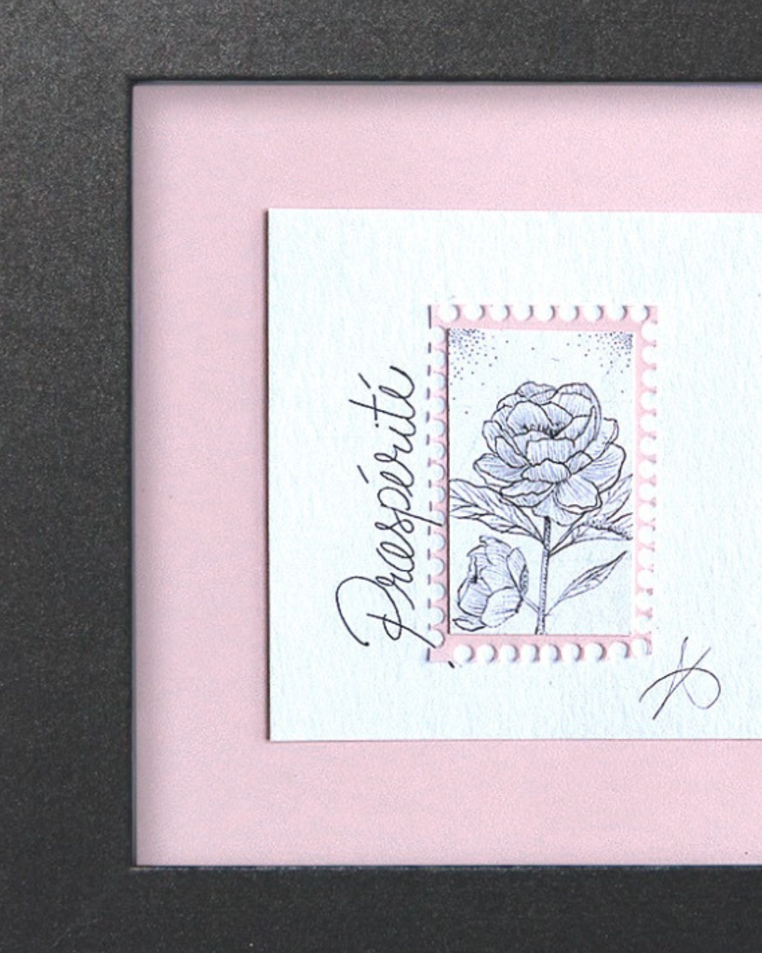 Timbre Floral Pointillisme - Prospérité - Pivoine - Feutre Noir 10x10 cm