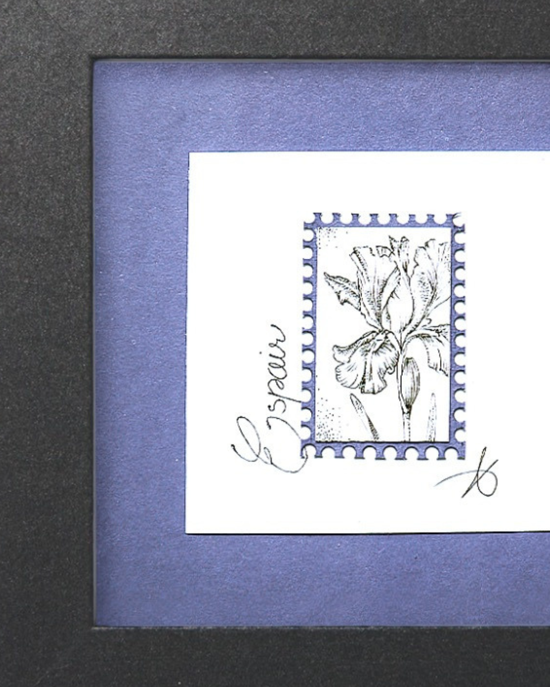 Timbre Floral Pointillisme - Espoir - Iris - Feutre Noir 10x10 cm