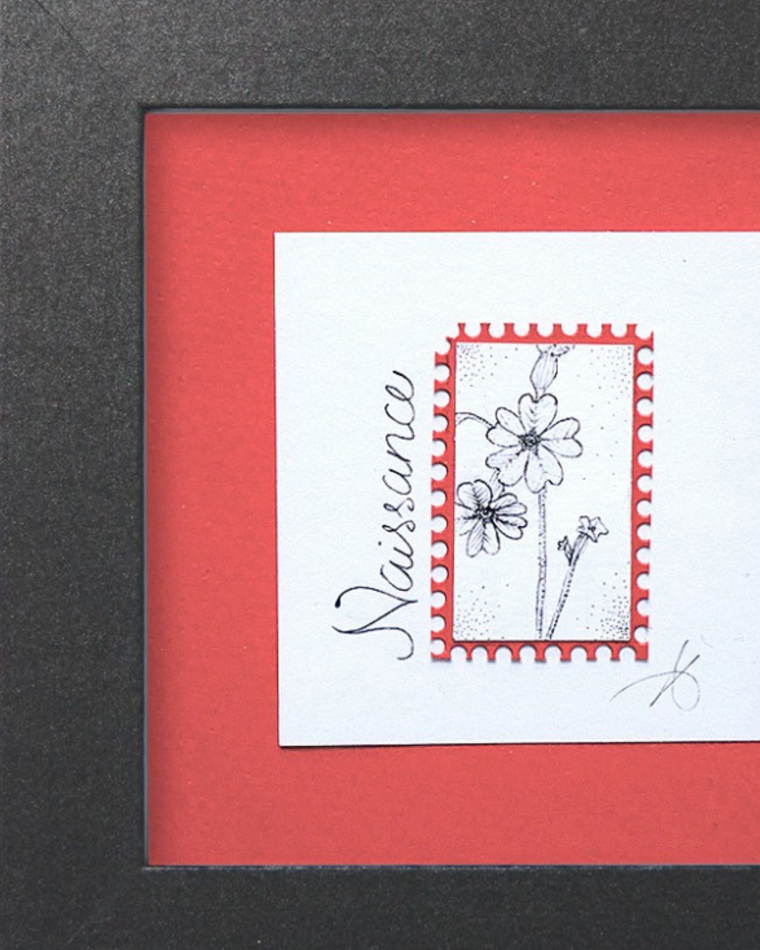 Timbre floral Primevère Naissance en pointillisme au feutre noir – œuvre originale 10×10 cm