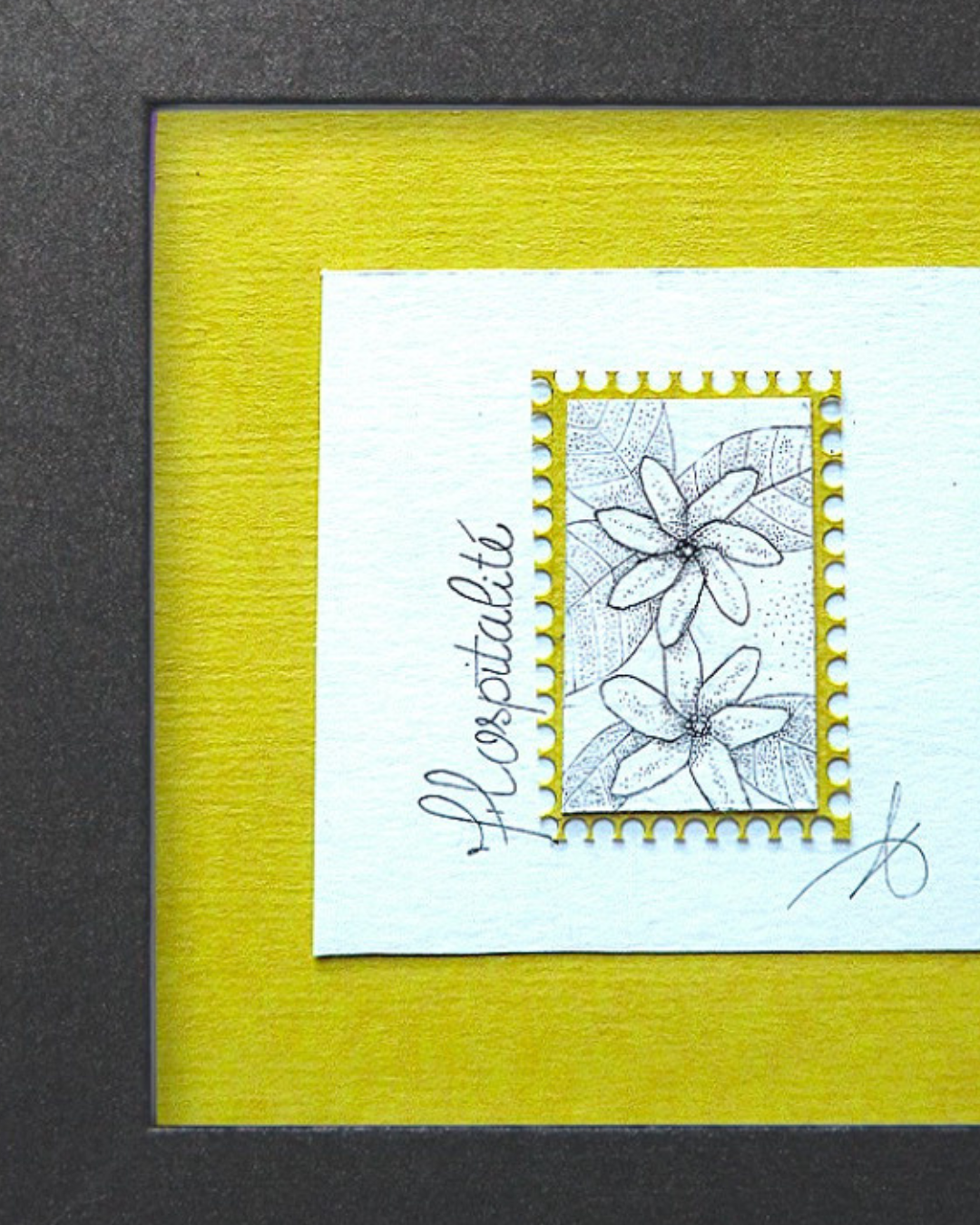 Timbre Floral Pointillisme - Hospitalité - Tiaré de Polynésie - Feutre Noir 10x10 cm