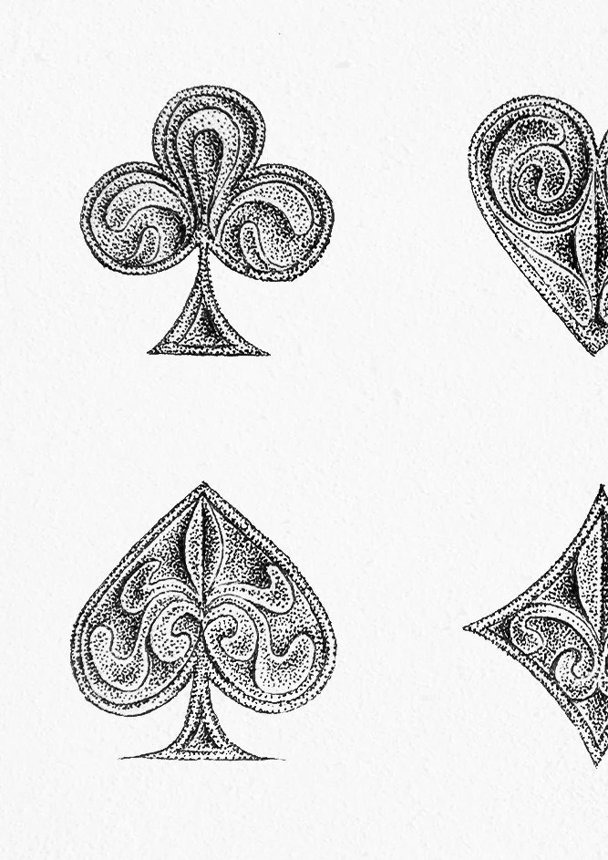 Dessin original en pointillisme représentant les symboles d'un jeu de carte : coeur, trèfle, carreau, pique