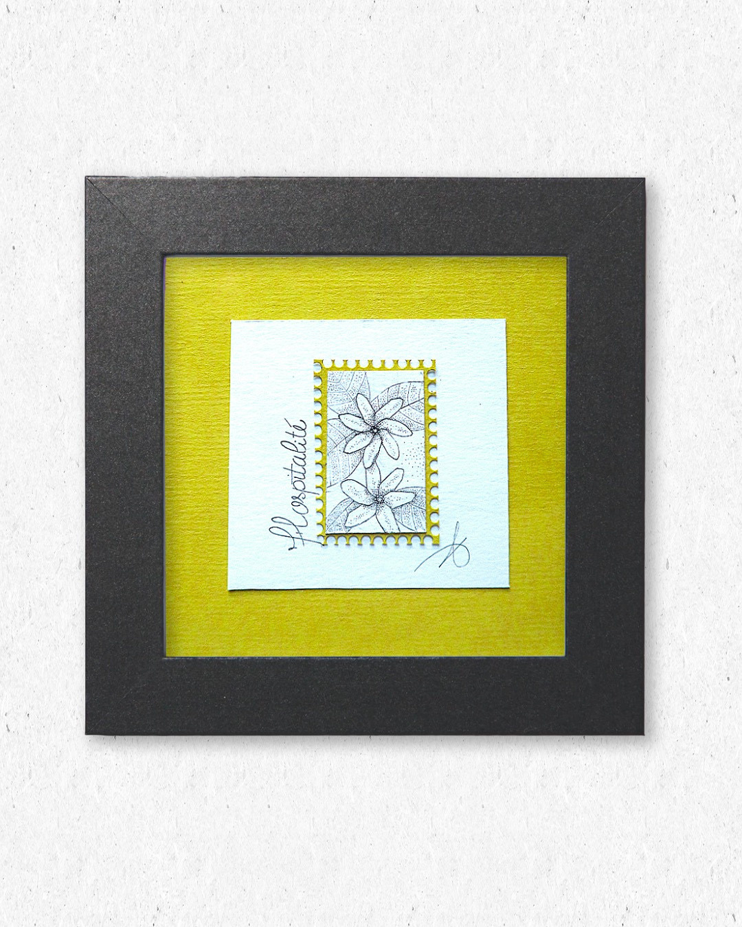 Timbre Floral Pointillisme - Hospitalité - Tiaré de Polynésie - Feutre Noir 10x10 cm