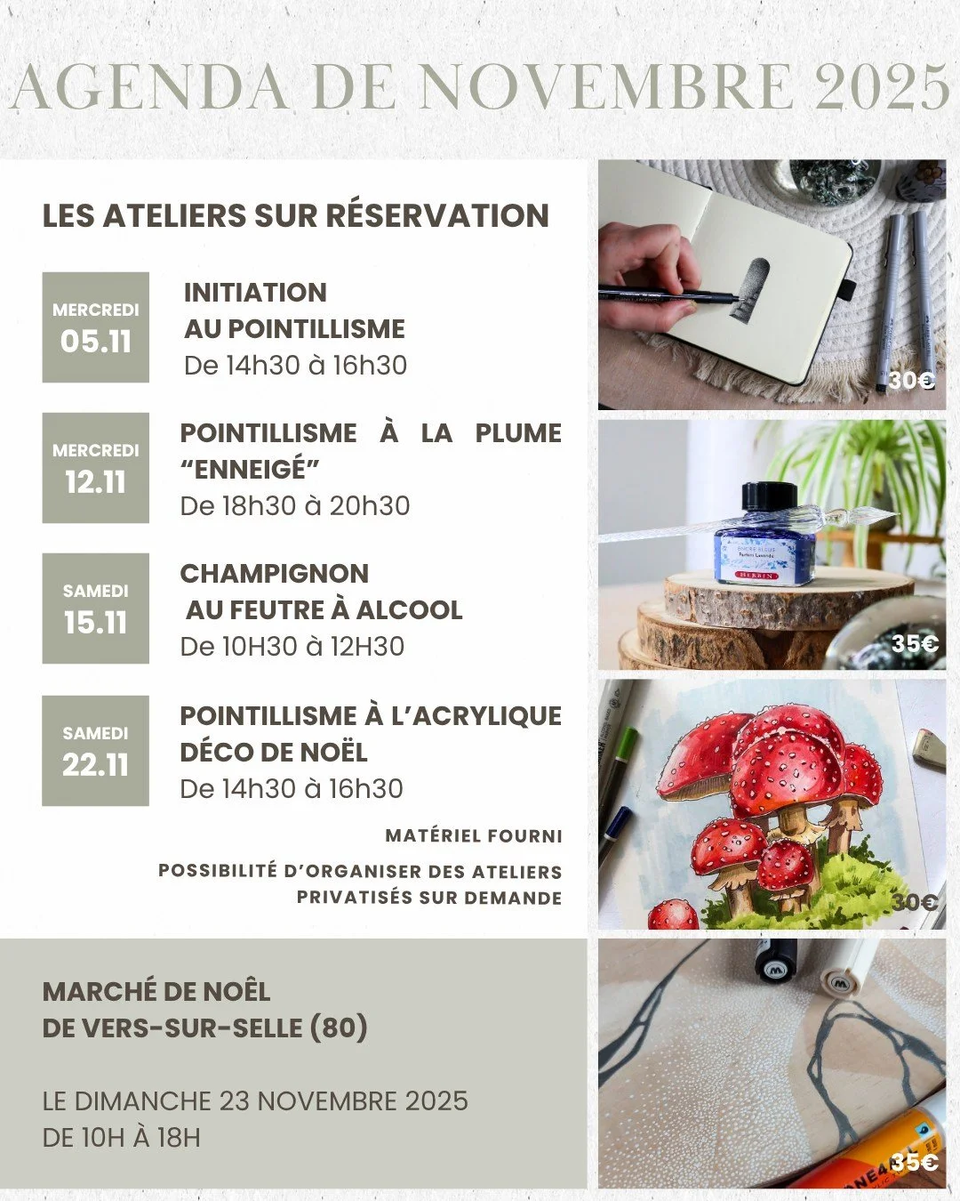 🍂 Agenda artistique de novembre 2025 🍂
Noël approche, c'est le moment de penser aux cadeaux de Noël !
Découvrez le pointillisme et offrez vos réalisations à vos proches ✨
A retenir :
👉 Marché de Noël le