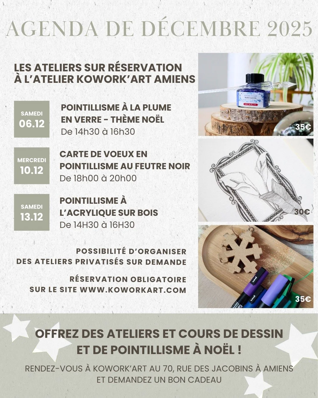 Ateliers de pointillisme - D&eacute;cembre 2025 🎄🎁

No&euml;l approche &agrave; grands pas, d&eacute;couvrez le pointillisme et offrez vos r&eacute;alisations &agrave; vos proches ✨

A retenir :
&rarr; Possibilit&eacute; d'offrir des bons cadeaux v