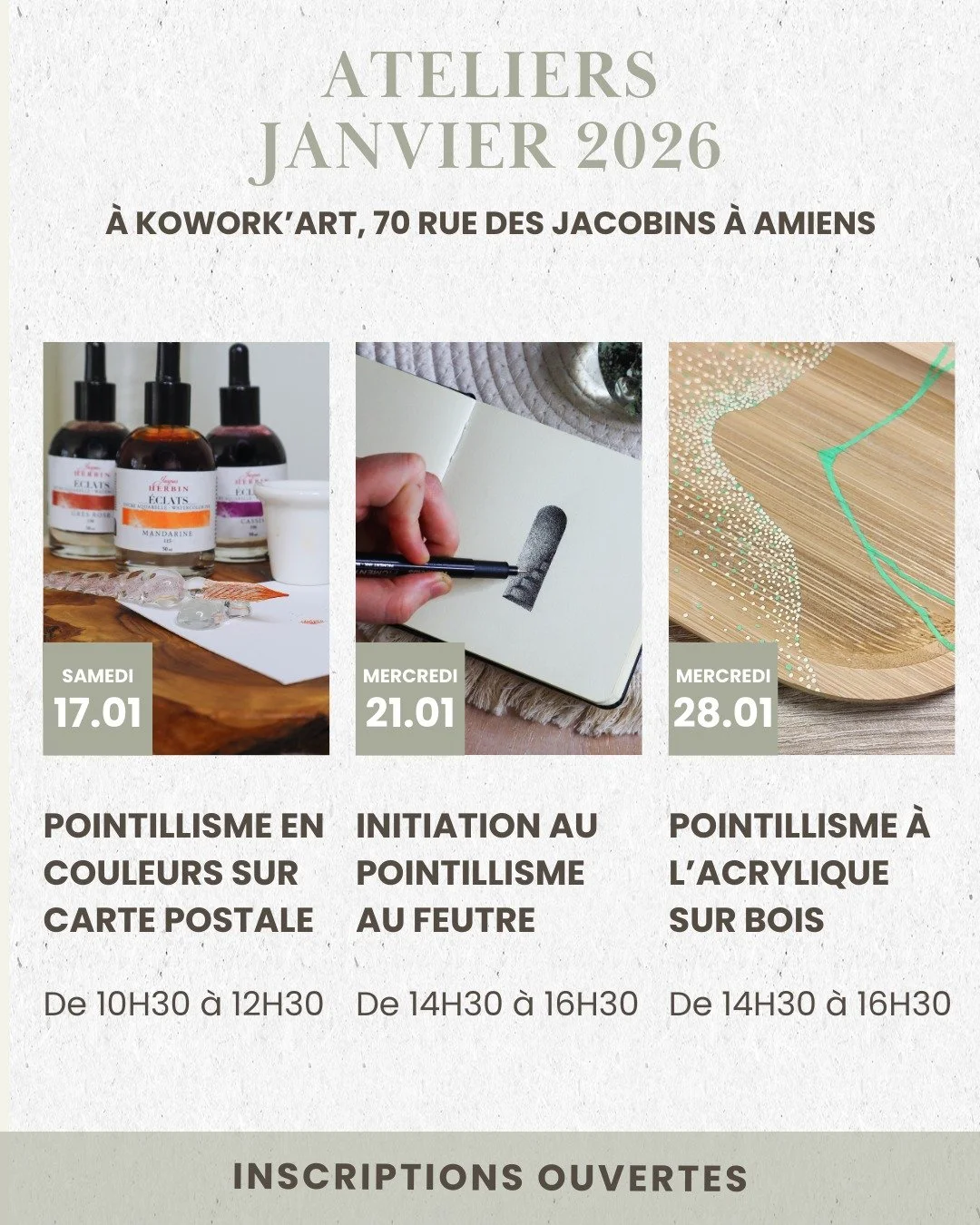 Ateliers de Janvier 2026 ✨

En janvier, je vous retrouve &agrave; l&rsquo;atelier pour trois moments de cr&eacute;ation autour du pointillisme, &agrave; @ko_workart  au 70 rue des Jacobins &agrave; Amiens.

Trois formats, trois ambiances, toujours le