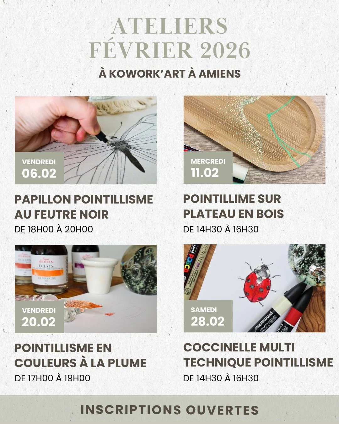 Ateliers de F&eacute;vrier 2026 ✨

En f&eacute;vrier, je vous retrouve &agrave; l&rsquo;atelier pour quatre moments de cr&eacute;ation autour du pointillisme, &agrave; l'atelier @ko_workart  au 70 rue des Jacobins &agrave; Amiens.

Quatre formats, qu