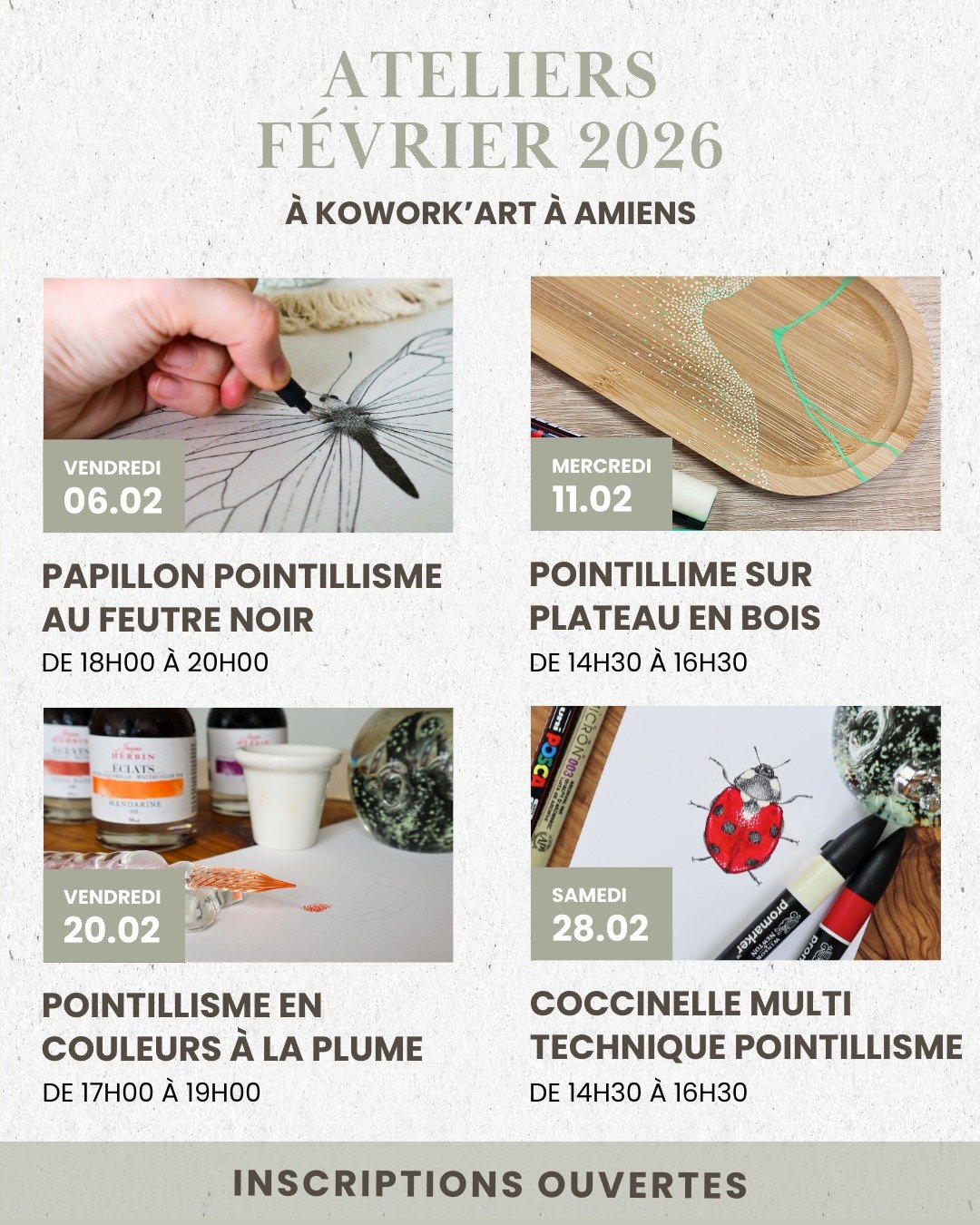 Ateliers de F&eacute;vrier 2026 ✨

En f&eacute;vrier, je vous retrouve &agrave; l&rsquo;atelier pour quatre moments de cr&eacute;ation autour du pointillisme, &agrave; l'atelier @ko_workart  au 70 rue des Jacobins &agrave; Amiens.

Quatre formats, qu