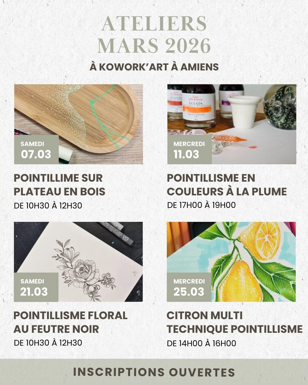 Ateliers de Mars 2026 ✨

En mars, je vous retrouve &agrave; l&rsquo;atelier pour quatre moments de cr&eacute;ation autour du pointillisme, &agrave; l'atelier @ko_workart  au 70 rue des Jacobins &agrave; Amiens.

Quatre formats, quatre ambiances, quat