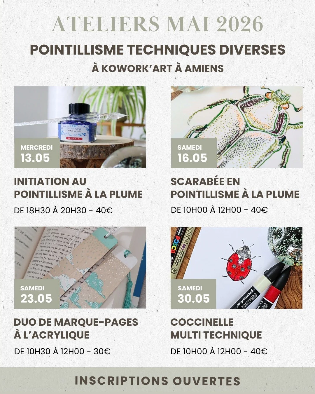 Ateliers cr&eacute;atifs de pointillisme -  mai 2026 &agrave; Amiens

Les inscriptions pour mes ateliers &agrave; @ko_workart , au 70 rue des Jacobins &agrave; Amiens sont ouvertes !
Et ce mois-ci je vous donne rendez-vous 8 fois pour d&eacute;couvri