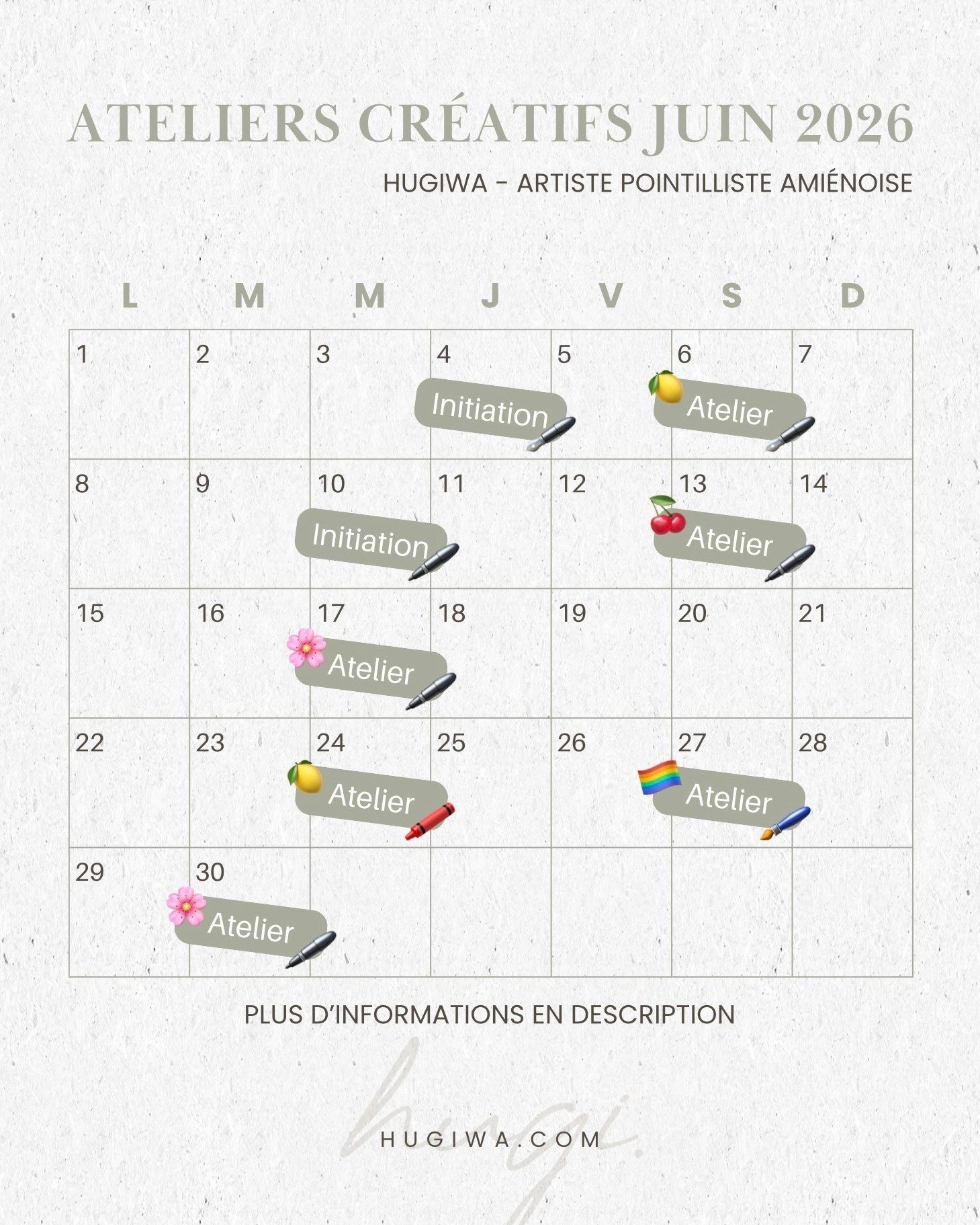 Programmation des ateliers cr&eacute;atifs de pointillisme -  juin 2026 &agrave; Amiens

Les inscriptions pour mes ateliers &agrave; @ko_workart , au 70 rue des Jacobins &agrave; Amiens sont ouvertes !
Et ce mois-ci je vous donne rendez-vous 8 fois p