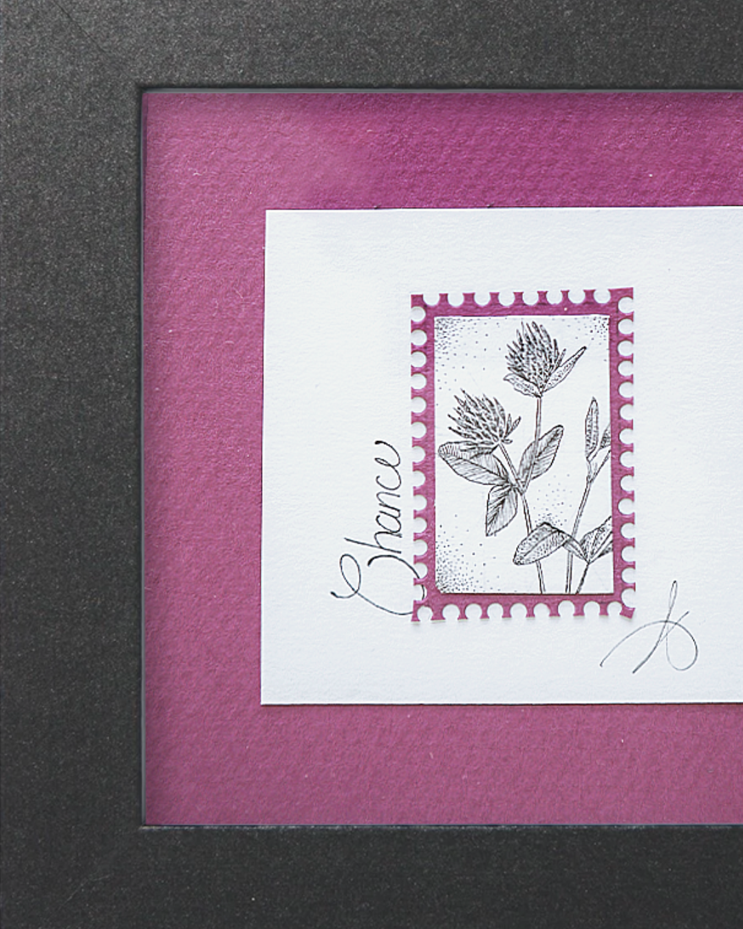 Timbre floral fleur de trèfle en pointillisme sous cadre MDF noir 10x10 cm