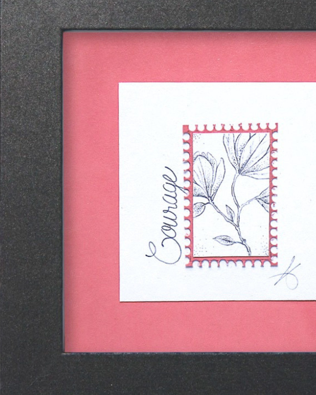 Timbre Floral Pointillisme - Courage - Magnolia - Feutre Noir 10x10 cm