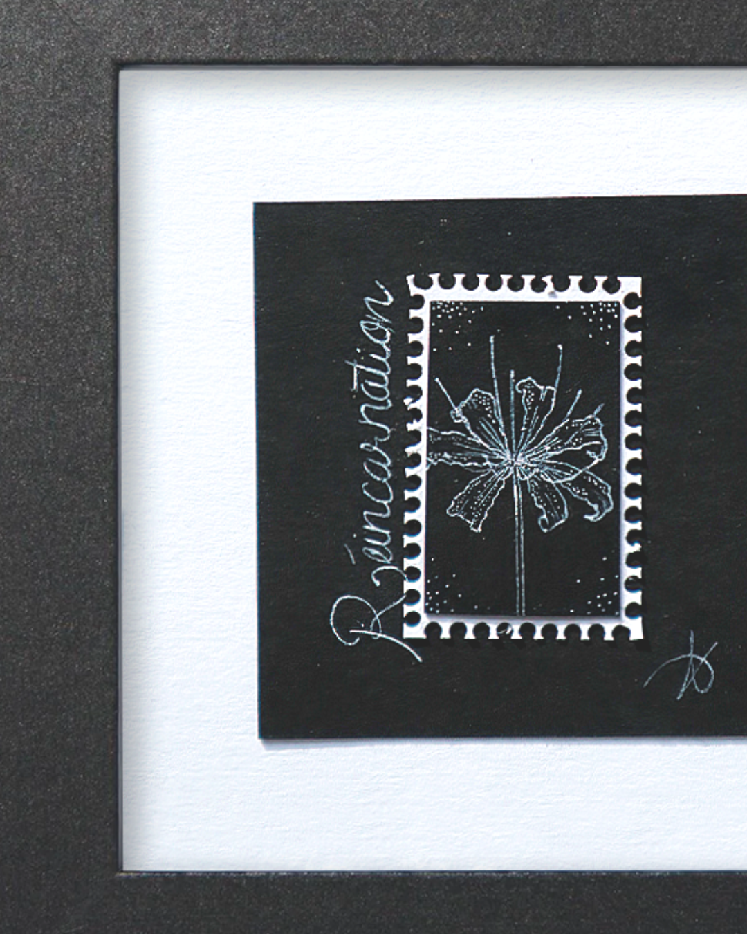 Timbre Floral Pointillisme - Réincarnation - Lycoris - Feutre Noir 10x10 cm