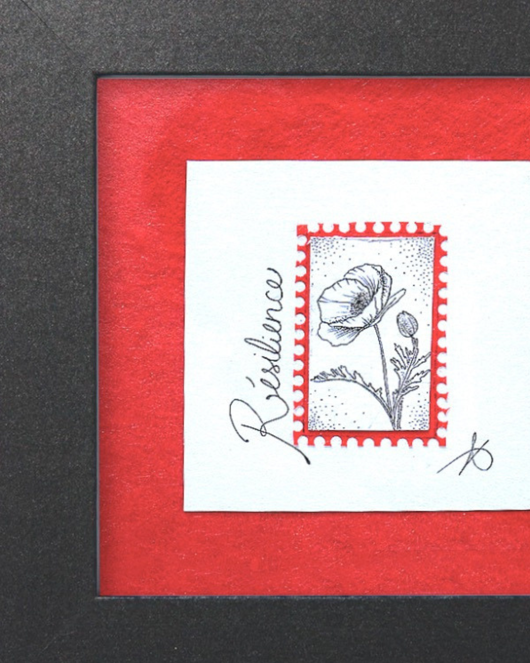 Timbre floral Coquelicot résilience en pointillisme au feutre noir – œuvre originale 10×10 cm