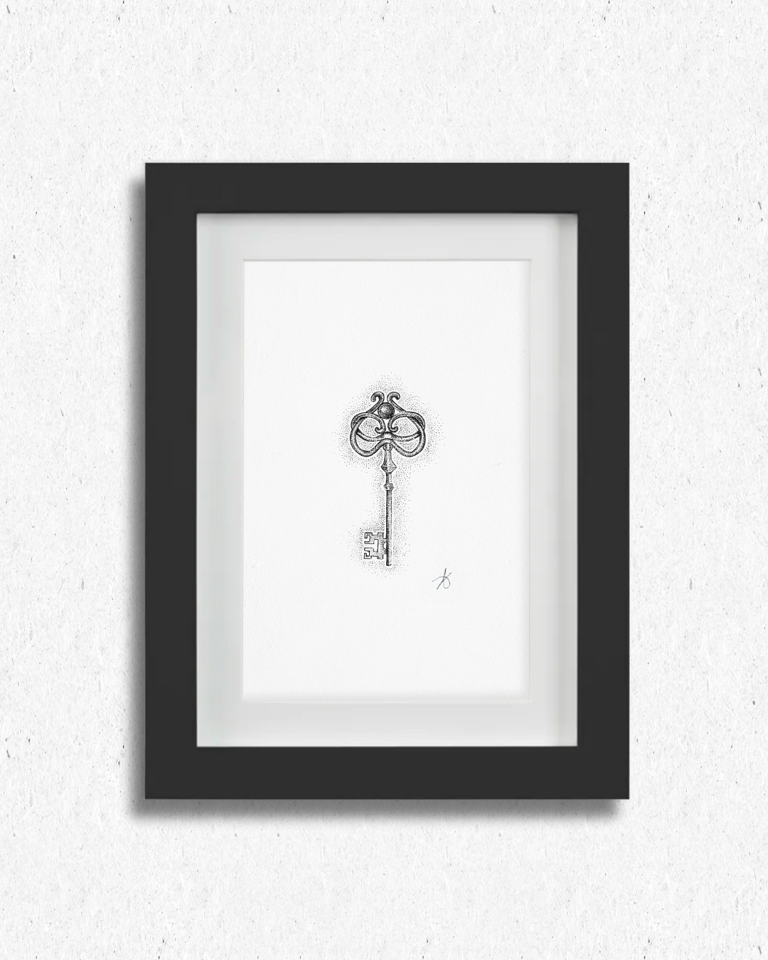 Dessin original en pointillisme représentant une clé ornée en métal